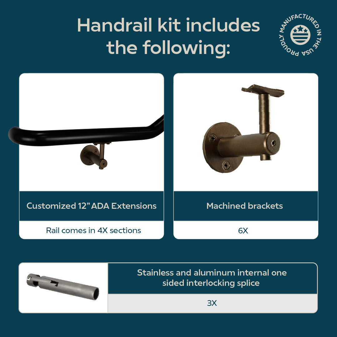 Industrial Aluminum Indoor/Outdoor ADA Customizable Handrail with 12 inch Commercial Horizontal Extensions, 1.5 Inch Round Complete Grab Bar Kit - Bronze / Satin Black Powder Coat