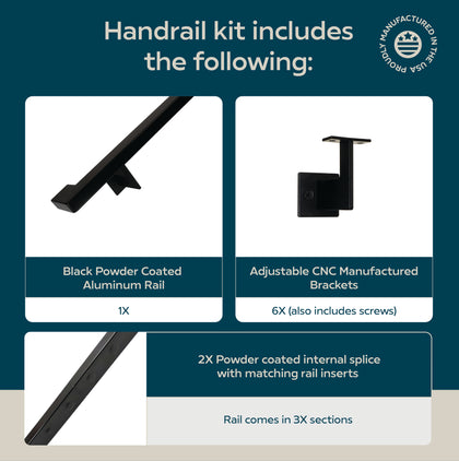 Urban Contemporary Aluminum Complete Handrail Grab Bar Set, Brackets Included, Matt Black Powder Coated Finish