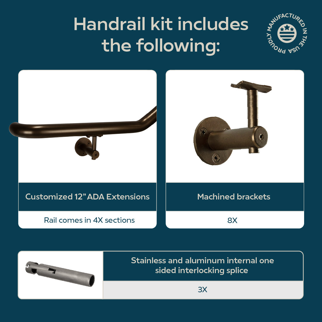 Industrial Aluminum Indoor/Outdoor ADA Customizable Handrail with 12 inch Commercial Horizontal Extensions, 1.5 Inch Round Complete Grab Bar Kit - Bronze Powder Coat
