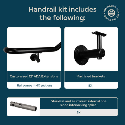 Industrial Aluminum Indoor/Outdoor ADA Customizable Handrail with 12 inch Commercial Horizontal Extensions, 1.5 Inch Round Complete Grab Bar Kit - Satin Black