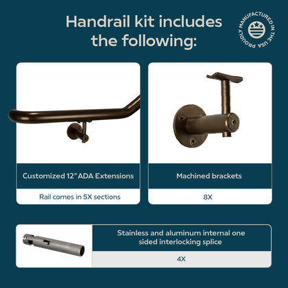 Industrial Aluminum Indoor/Outdoor ADA Customizable Handrail with 12 inch Commercial Horizontal Extensions, 1.5 Inch Round Complete Grab Bar Kit - Bronze Powder Coat
