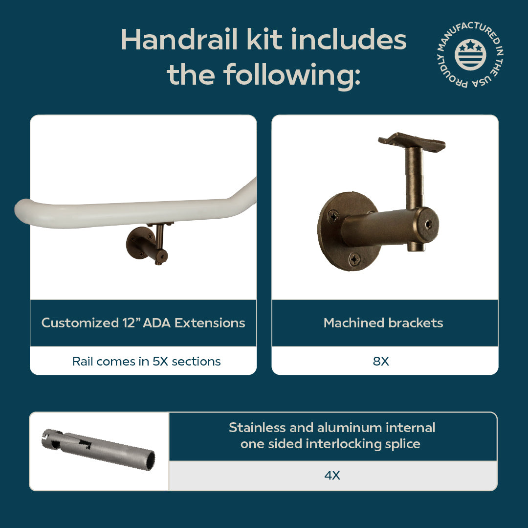 Industrial Aluminum Indoor/Outdoor ADA Customizable Handrail with 12 inch Commercial Horizontal Extensions, 1.5 Inch Round Complete Grab Bar Kit - Bronze / Satin White Powder Coat