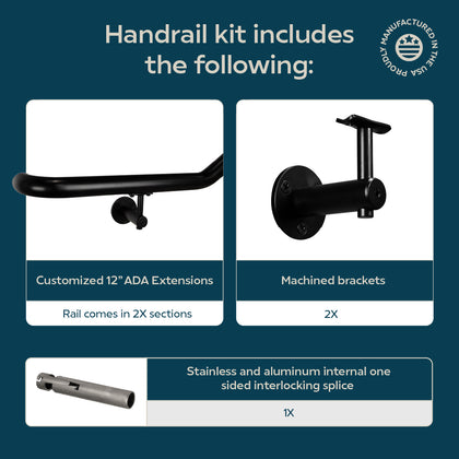 Industrial Aluminum Indoor/Outdoor ADA Customizable Handrail with 12 inch Commercial Horizontal Extensions, 1.5 Inch Round Complete Grab Bar Kit - Satin Black