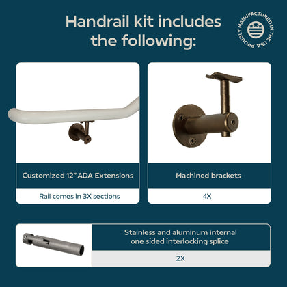 Industrial Aluminum Indoor/Outdoor ADA Customizable Handrail with 12 inch Commercial Horizontal Extensions, 1.5 Inch Round Complete Grab Bar Kit - Bronze / Satin White Powder Coat