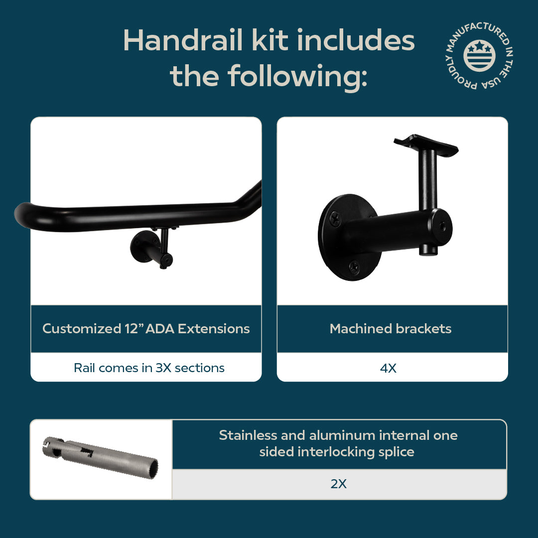 Industrial Aluminum Indoor/Outdoor ADA Customizable Handrail with 12 inch Commercial Horizontal Extensions, 1.5 Inch Round Complete Grab Bar Kit - Satin Black