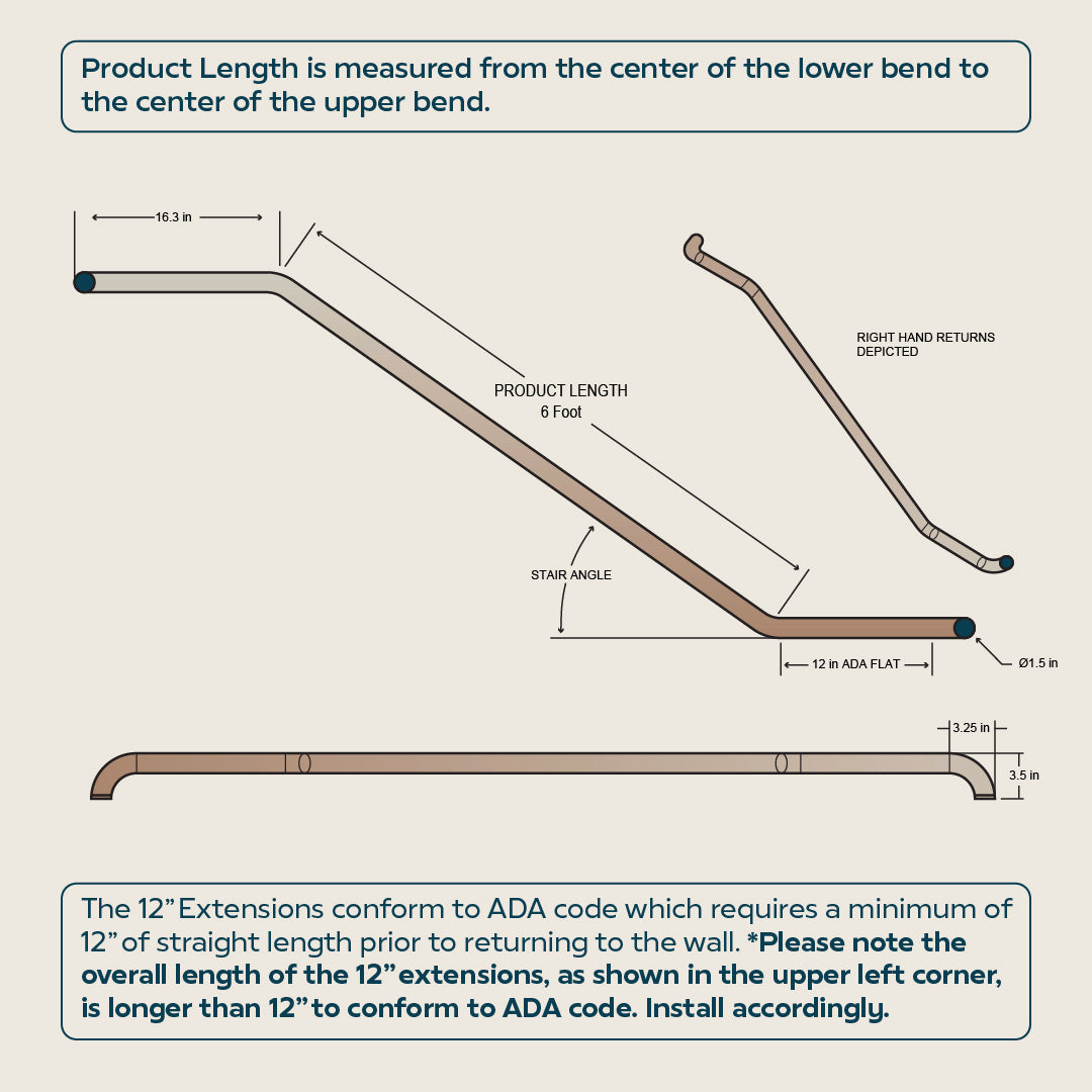 Industrial Aluminum Indoor/Outdoor ADA Customizable Handrail with 12 inch Commercial Horizontal Extensions, 1.5 Inch Round Complete Grab Bar Kit - Bronze Powder Coat