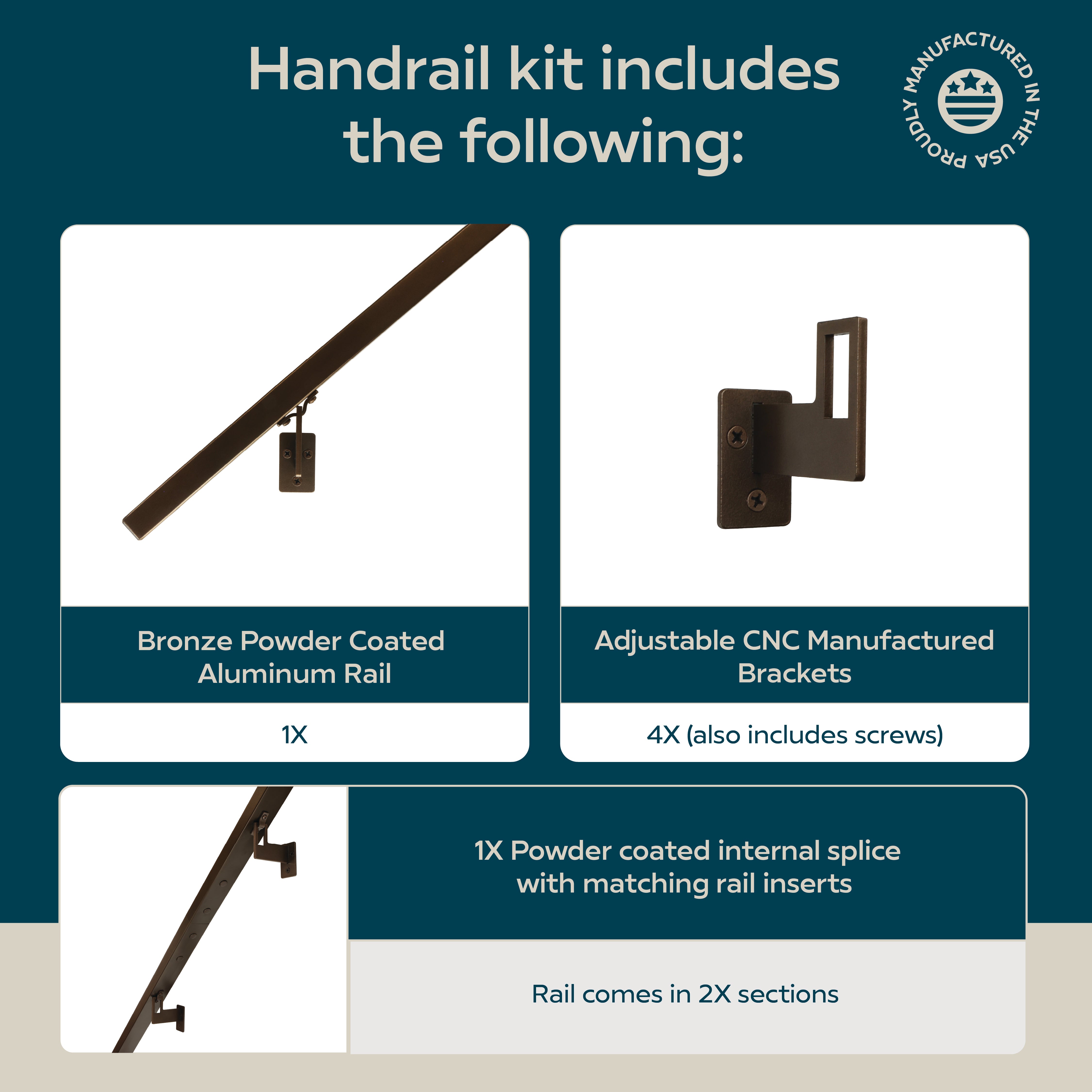 Modern Minimalist High Strength Aluminum Handrail Grab Bar, Brackets Included, Bronze Powder Coat