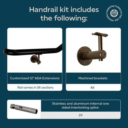 Industrial Aluminum Indoor/Outdoor ADA Customizable Handrail with 12 inch Commercial Horizontal Extensions, 1.5 Inch Round Complete Grab Bar Kit - Bronze / Satin Black Powder Coat