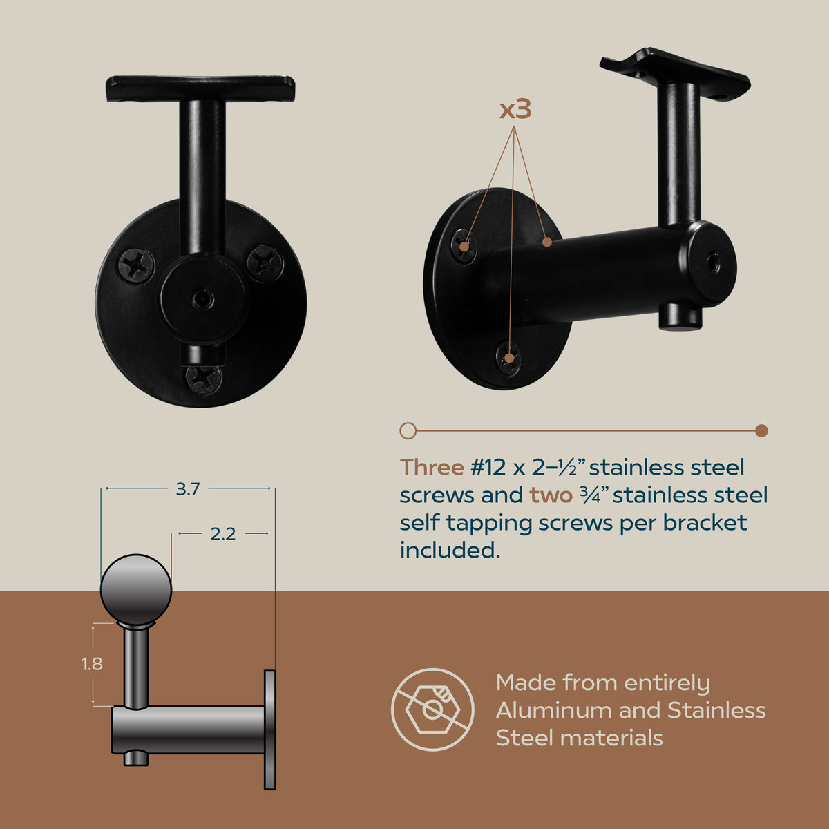 Industrial Aluminum Satin Black 1.5 Inch Round Complete Indoor/Outdoor
