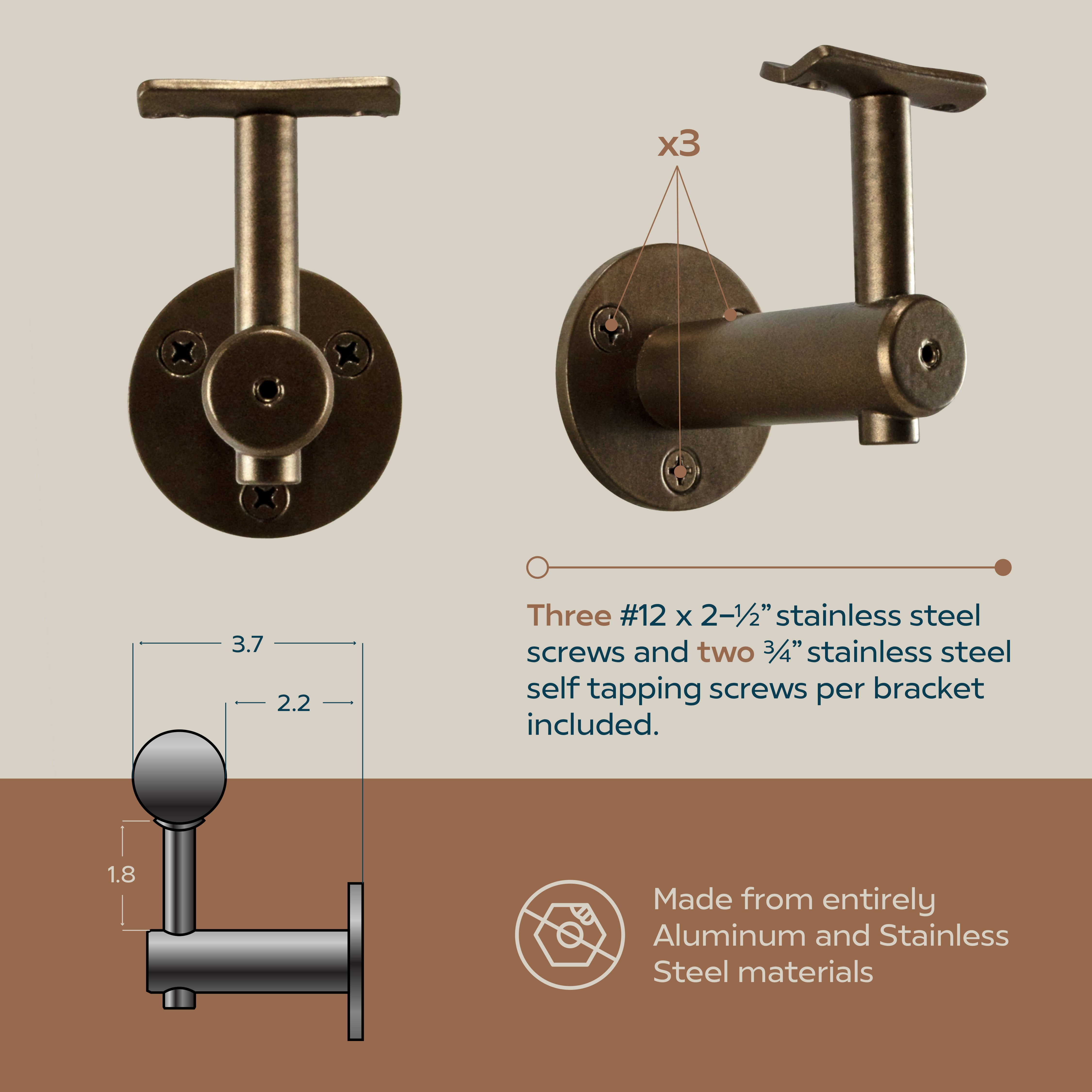 Industrial Aluminum Black/Bronze 1.5 Inch Round Complete Indoor/Outdoor Handrail Grab Bar Kit