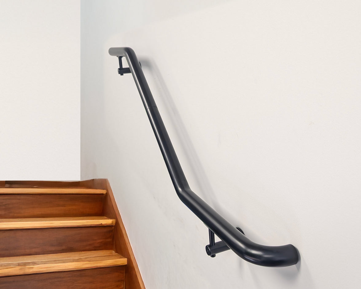 Industrial Aluminum Indoor/Outdoor ADA Customizable Handrail with 12 inch Commercial Horizontal Extensions, 1.5 Inch Round Complete Grab Bar Kit - Satin Black