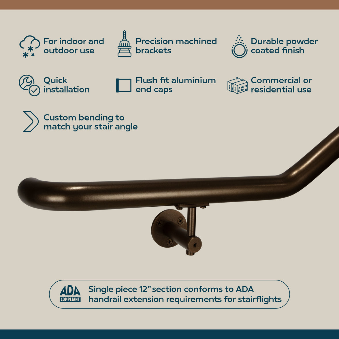 Industrial Aluminum Indoor/Outdoor ADA Customizable Handrail with 12 inch Commercial Horizontal Extensions, 1.5 Inch Round Complete Grab Bar Kit - Bronze Powder Coat