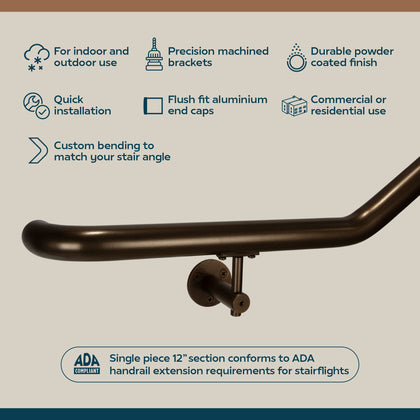 Industrial Aluminum Indoor/Outdoor ADA Customizable Handrail with 12 inch Commercial Horizontal Extensions, 1.5 Inch Round Complete Grab Bar Kit - Bronze Powder Coat