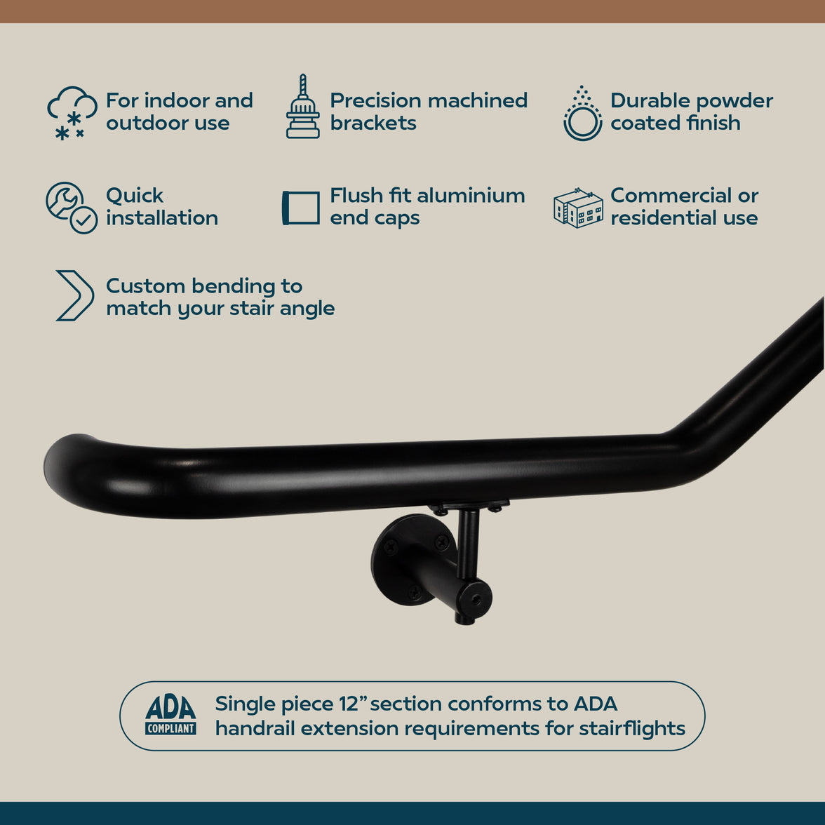 Industrial Aluminum Indoor/Outdoor ADA Customizable Handrail with 12 inch Commercial Horizontal Extensions, 1.5 Inch Round Complete Grab Bar Kit - Satin Black