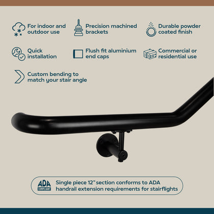 Industrial Aluminum Indoor/Outdoor ADA Customizable Handrail with 12 inch Commercial Horizontal Extensions, 1.5 Inch Round Complete Grab Bar Kit - Satin Black