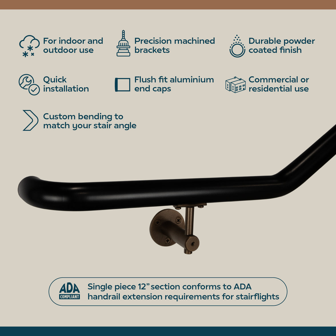 Industrial Aluminum Indoor/Outdoor ADA Customizable Handrail with 12 inch Commercial Horizontal Extensions, 1.5 Inch Round Complete Grab Bar Kit - Bronze / Satin Black Powder Coat