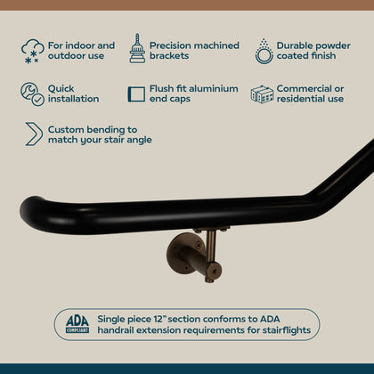 Industrial Aluminum Indoor/Outdoor ADA Customizable Handrail with 12 inch Commercial Horizontal Extensions, 1.5 Inch Round Complete Grab Bar Kit - Bronze / Satin Black Powder Coat