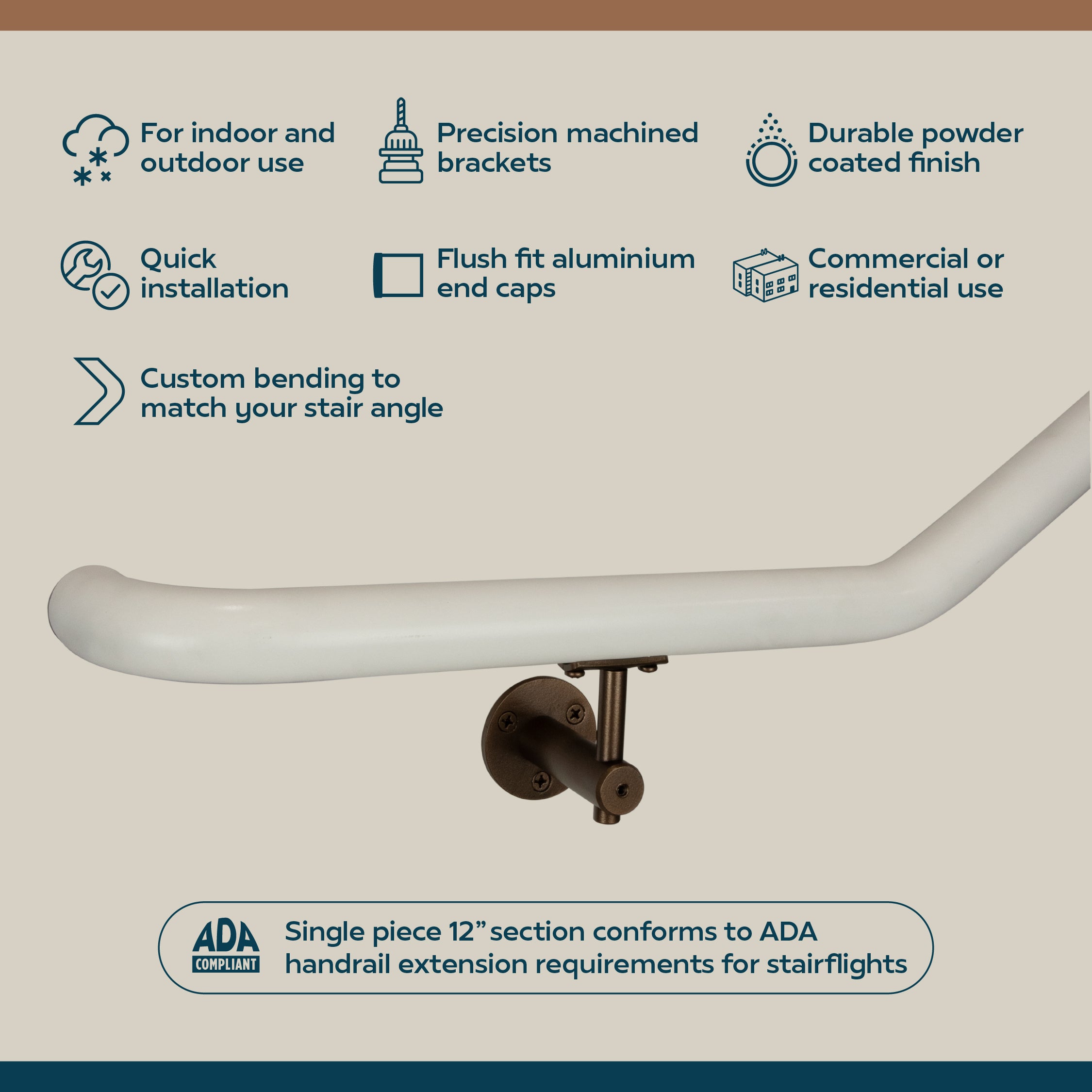 Industrial Aluminum Indoor/Outdoor ADA Customizable Handrail with 12 inch Commercial Horizontal Extensions, 1.5 Inch Round Complete Grab Bar Kit - Bronze / Satin White Powder Coat