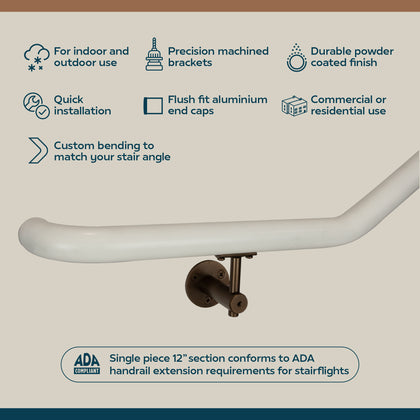 Industrial Aluminum Indoor/Outdoor ADA Customizable Handrail with 12 inch Commercial Horizontal Extensions, 1.5 Inch Round Complete Grab Bar Kit - Bronze / Satin White Powder Coat