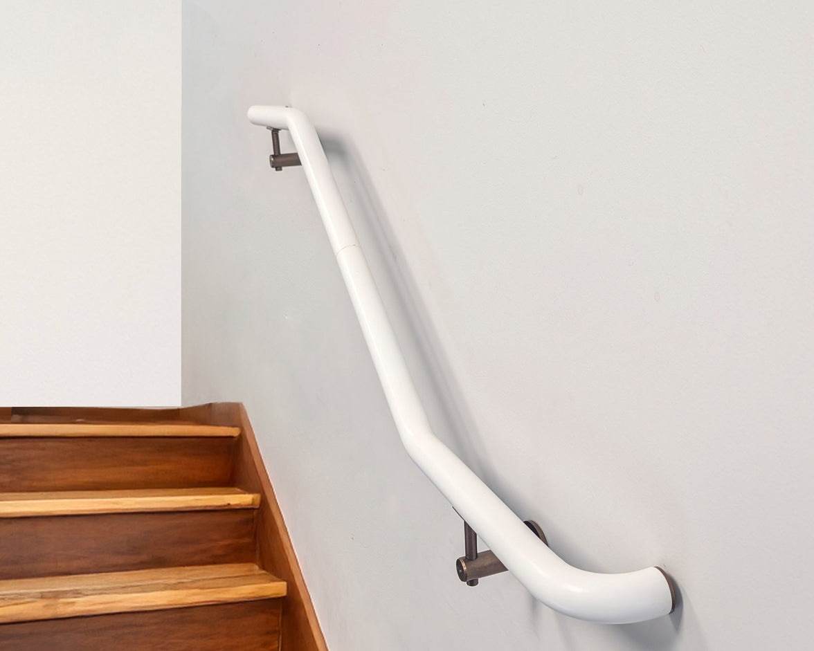 Industrial Aluminum Indoor/Outdoor ADA Customizable Handrail with 12 inch Commercial Horizontal Extensions, 1.5 Inch Round Complete Grab Bar Kit - Bronze / Satin White Powder Coat